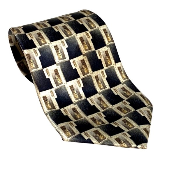 Pierre Cardin Vintage 60s Black Gold Geometric 100% Silk Men's Dress Neck Tie - Picture 9 of 9